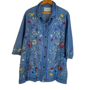 Tanzara Denim Embroidered VTG Button Front Shirt Casual Y2K Retro Size 2X/3X**